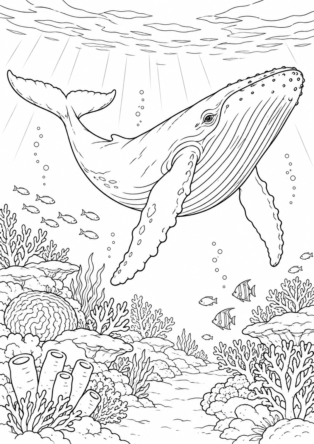 Baleine au-dessus du récif : coloriage original à imprimer