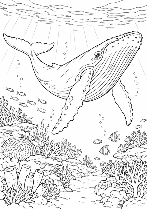 Baleine au-dessus du récif, dessin en noir et blanc à colorier