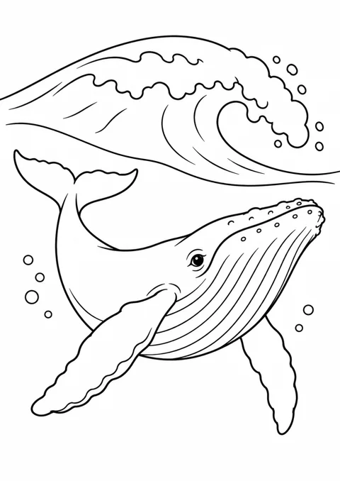 Baleine sous une vague, dessin en noir et blanc à colorier