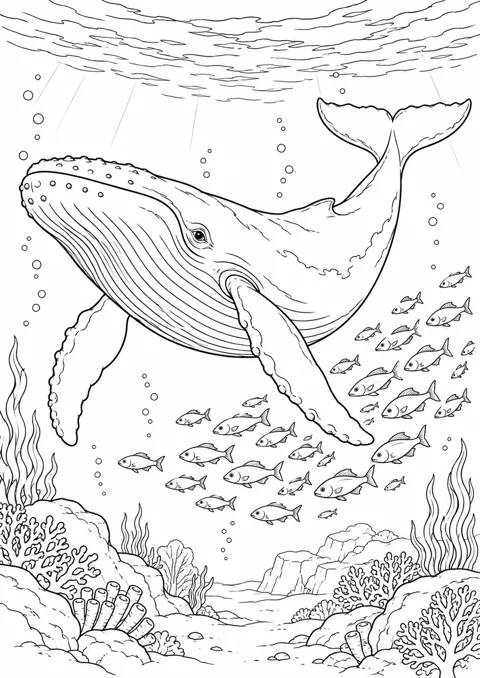 Baleine et banc de poissons, dessin en noir et blanc à colorier