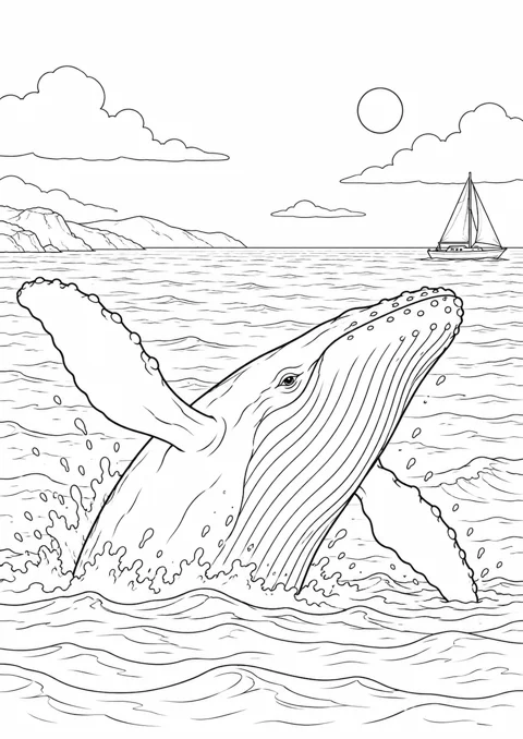 Baleine et voilier au loin, dessin en noir et blanc à colorier