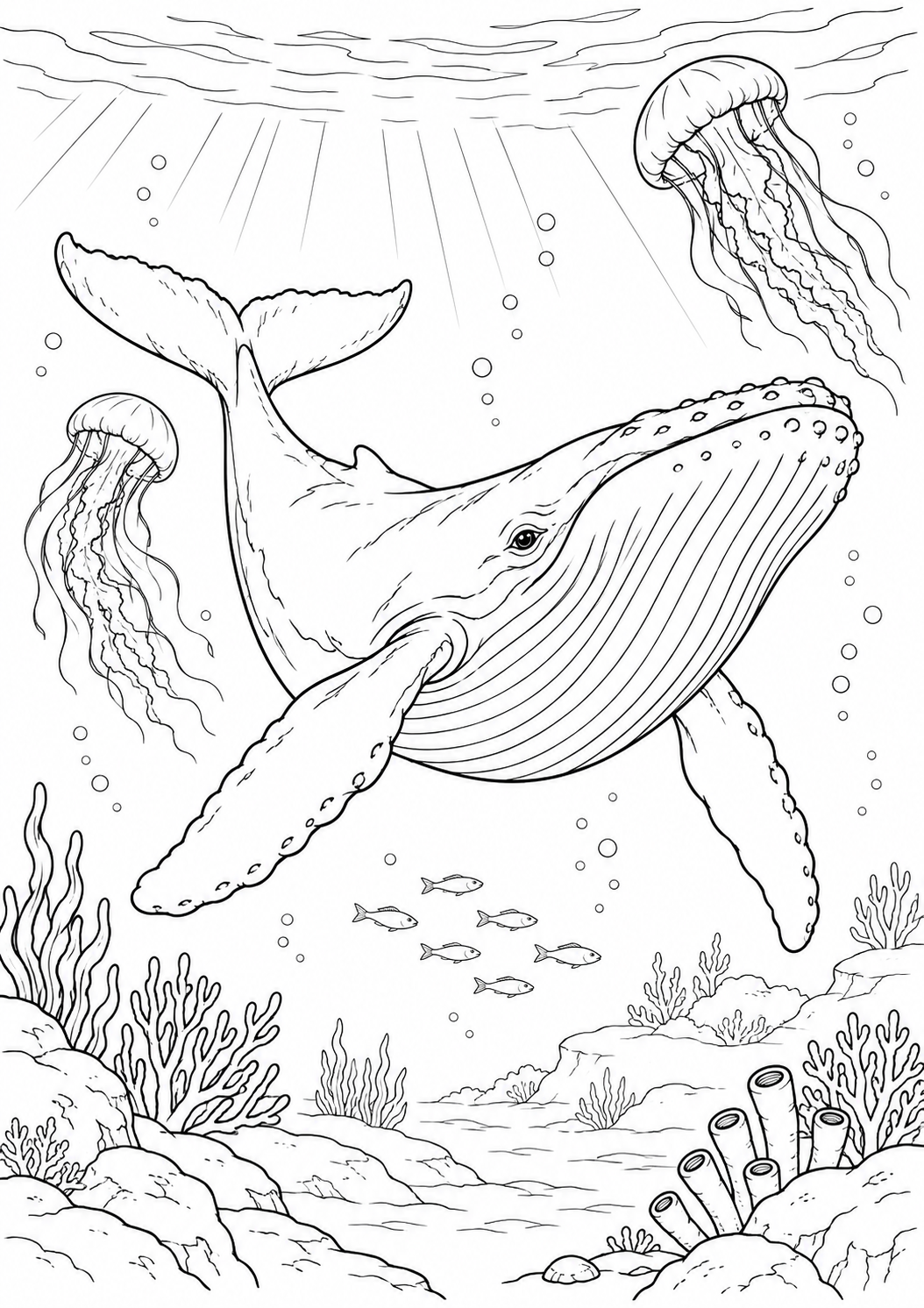 Baleine et méduses : coloriage original à imprimer