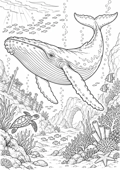Baleine dans les fonds marins, dessin en noir et blanc à colorier