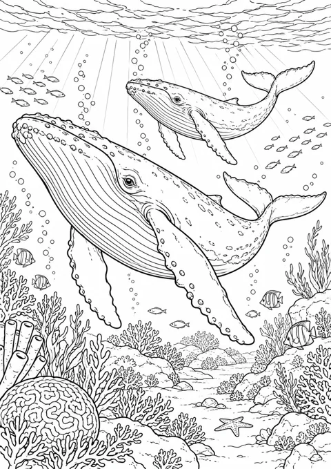 Deux baleines dans l’océan, dessin en noir et blanc à colorier