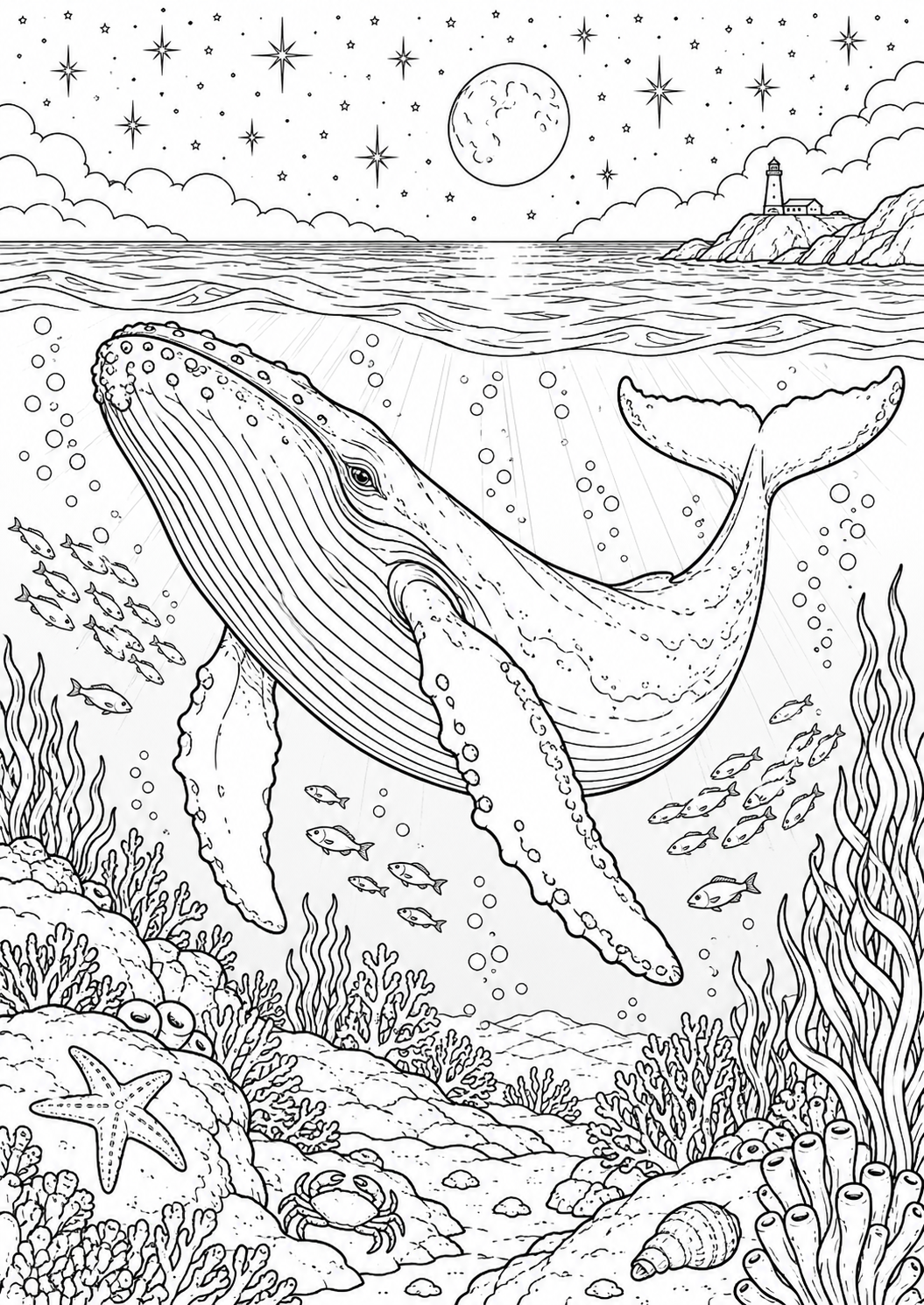 Baleine sous les étoiles : coloriage original à imprimer