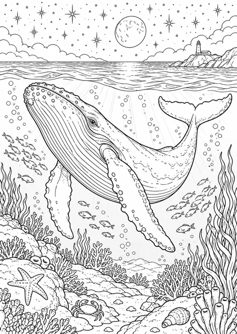 Baleine sous les étoiles, dessin en noir et blanc à colorier