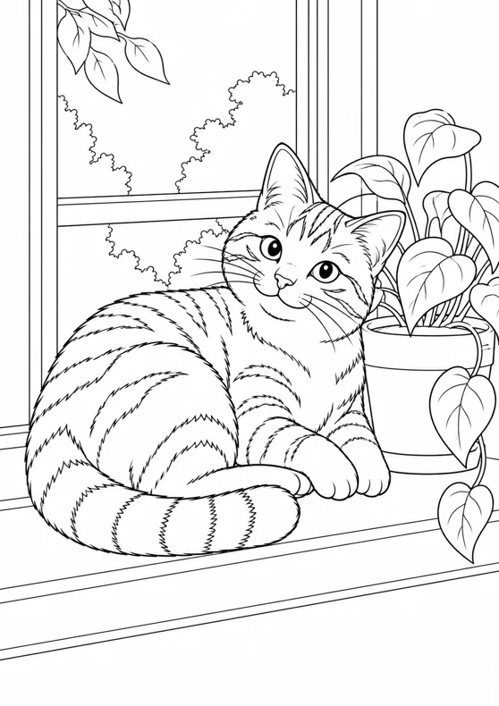 Chat à la fenêtre, dessin en noir et blanc à colorier