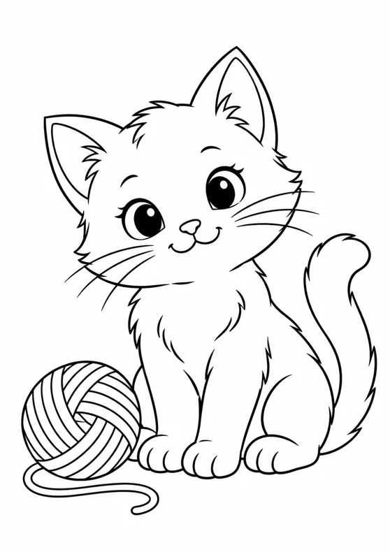 Chaton et sa pelote, coloriage facile