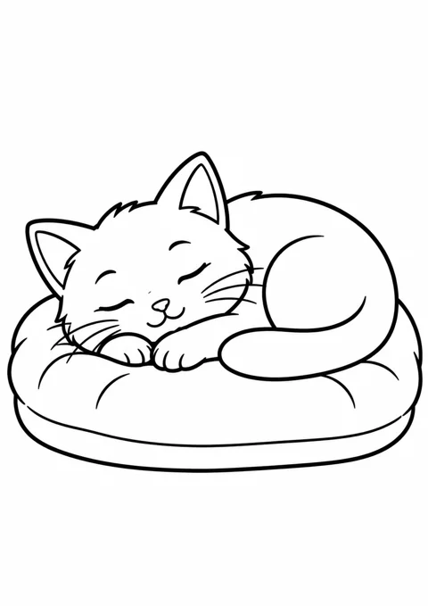 Chat endormi sur son coussin, dessin en noir et blanc à colorier