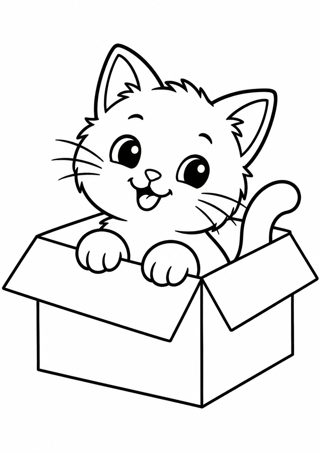 Chaton dans une boîte : coloriage original à imprimer