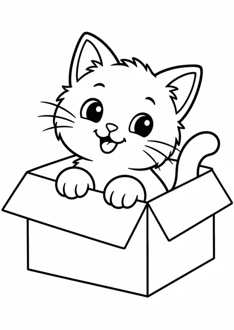 Chaton dans une boîte, dessin en noir et blanc à colorier