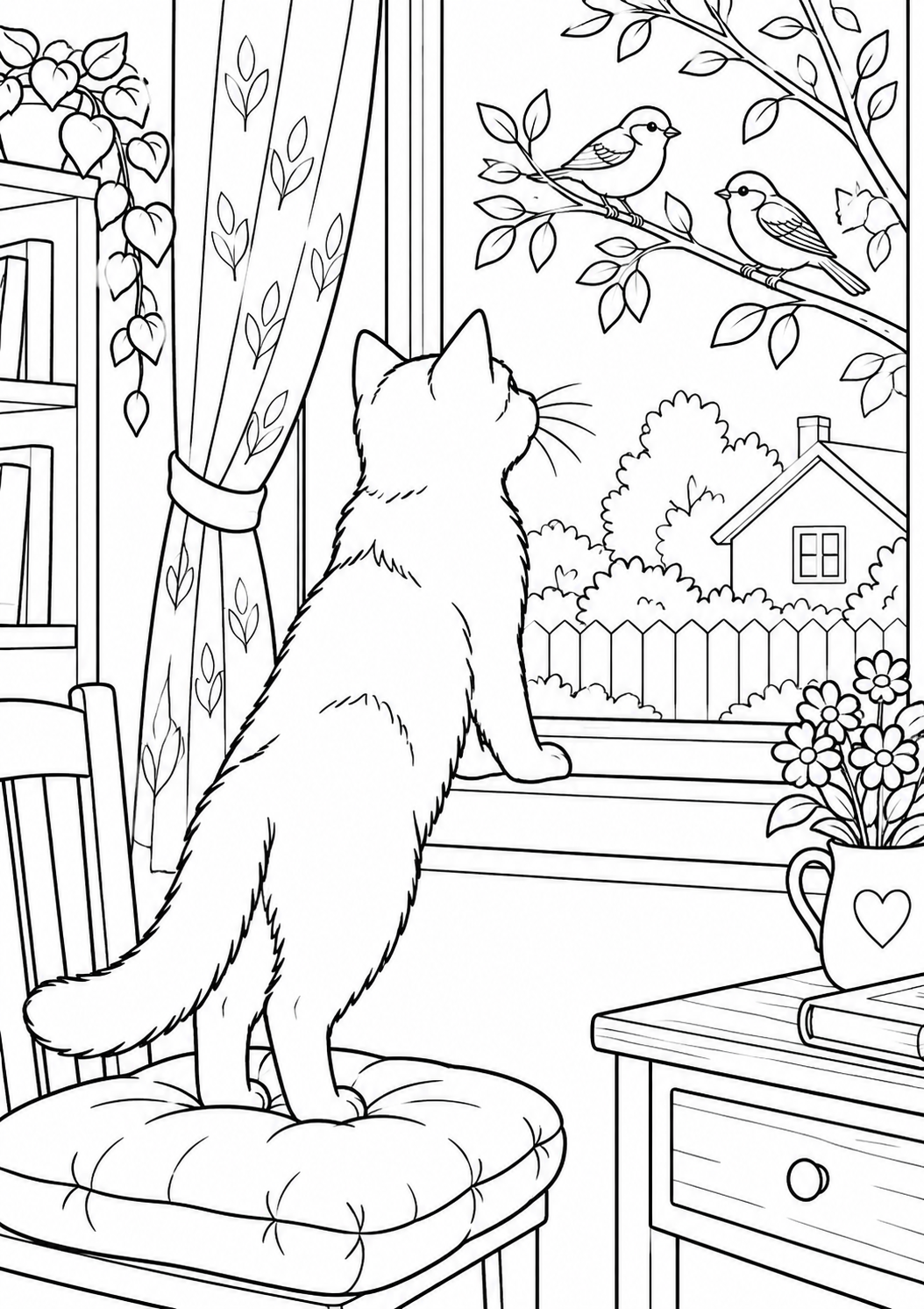 Chat qui observe les oiseaux : coloriage original à imprimer