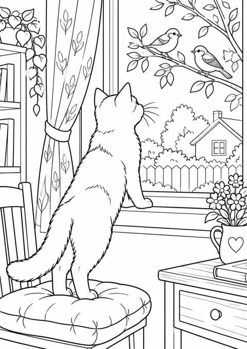 Chat qui observe les oiseaux, dessin en noir et blanc à colorier