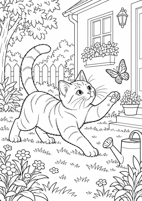 Chat dans un jardin, dessin en noir et blanc à colorier