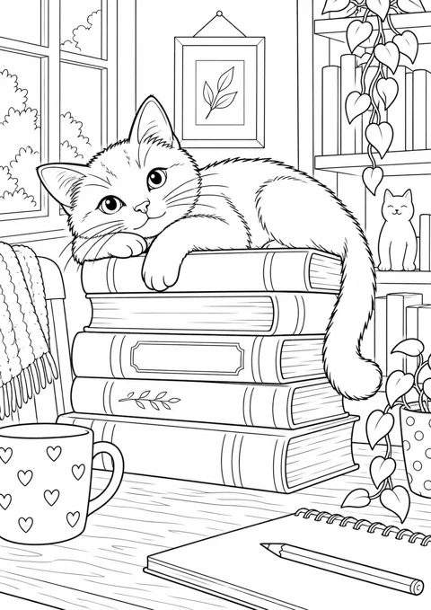 Chat sur une pile de livres, dessin en noir et blanc à colorier