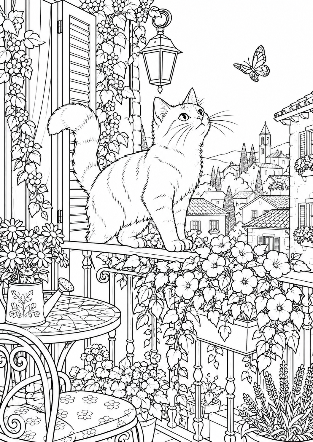 Chat au balcon fleuri : coloriage original à imprimer