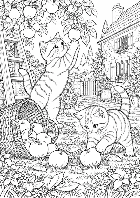 Deux chatons au verger, dessin en noir et blanc à colorier