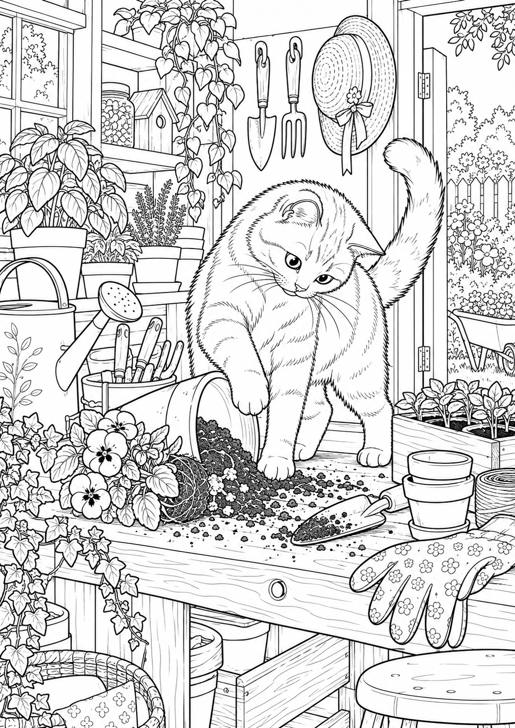 Chat dans un atelier de jardinage : coloriage original à imprimer