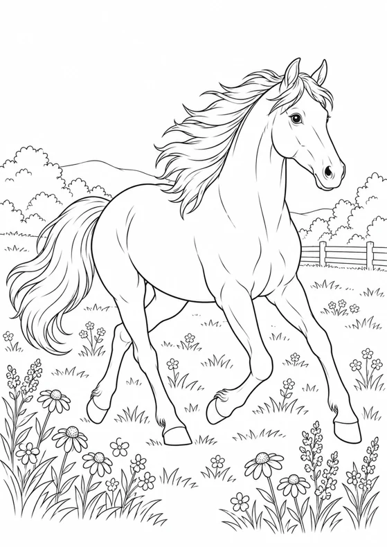 Cheval dans la prairie, dessin en noir et blanc à colorier