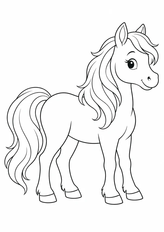 Poney à la crinière souple, dessin en noir et blanc à colorier
