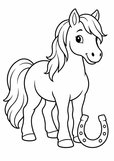 Poney et fer à cheval, dessin en noir et blanc à colorier