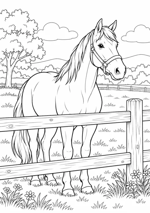 Cheval près de la barrière, dessin en noir et blanc à colorier