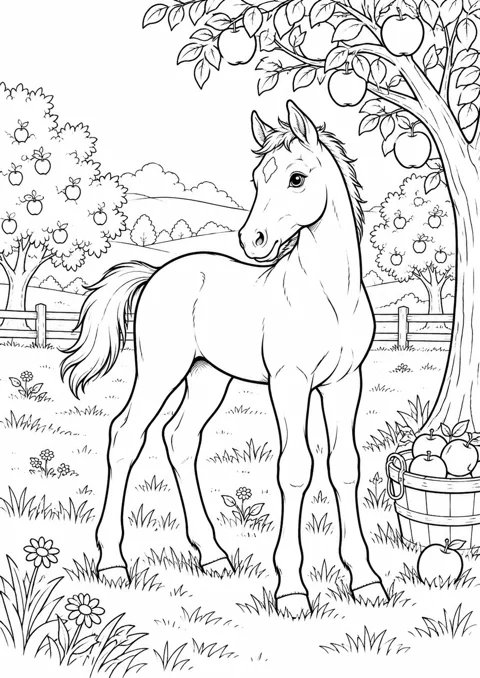 Poulain au verger, dessin en noir et blanc à colorier