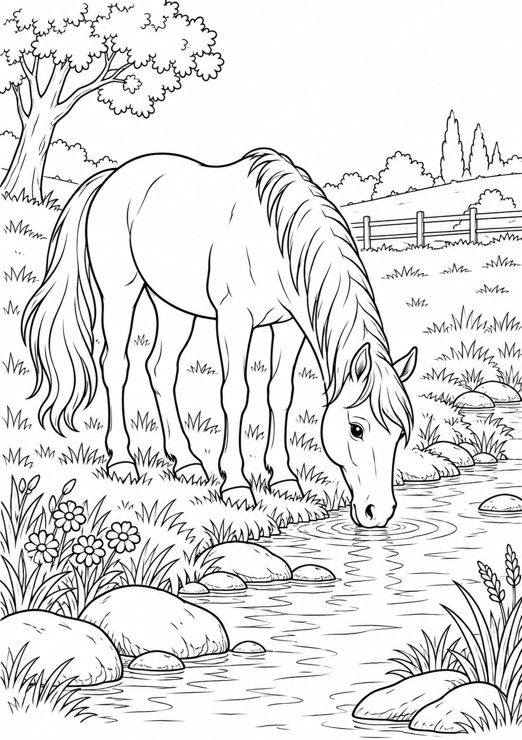 Cheval au bord du ruisseau : coloriage original à imprimer