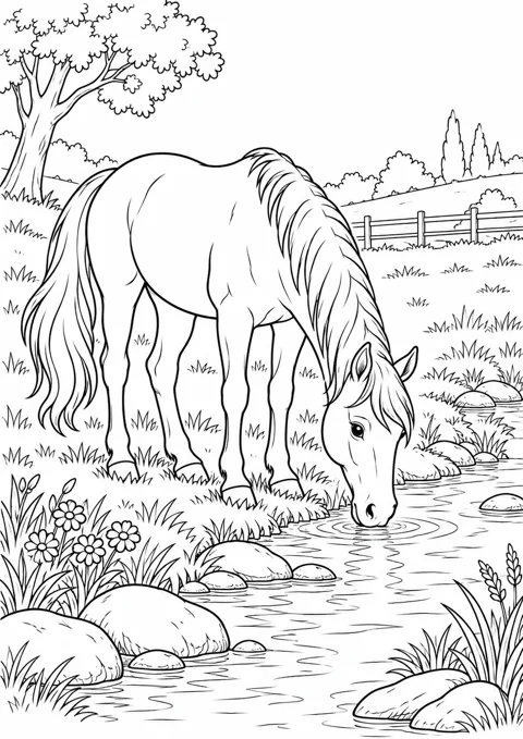 Cheval au bord du ruisseau, dessin en noir et blanc à colorier