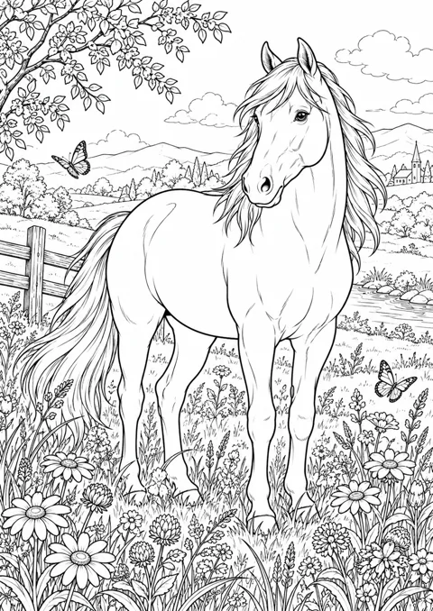 Cheval et fleurs sauvages, dessin en noir et blanc à colorier
