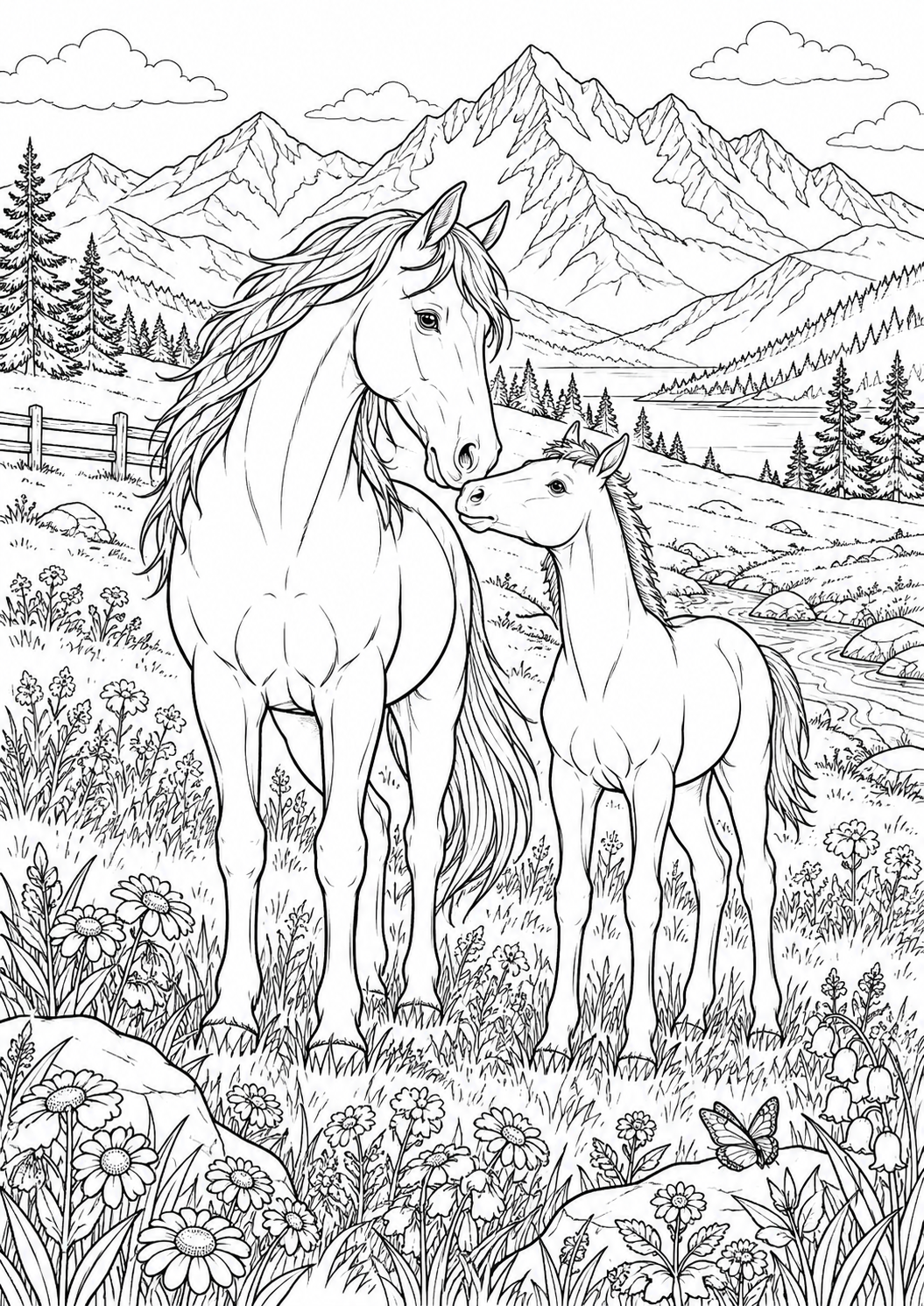 Deux chevaux dans les montagnes : coloriage original à imprimer