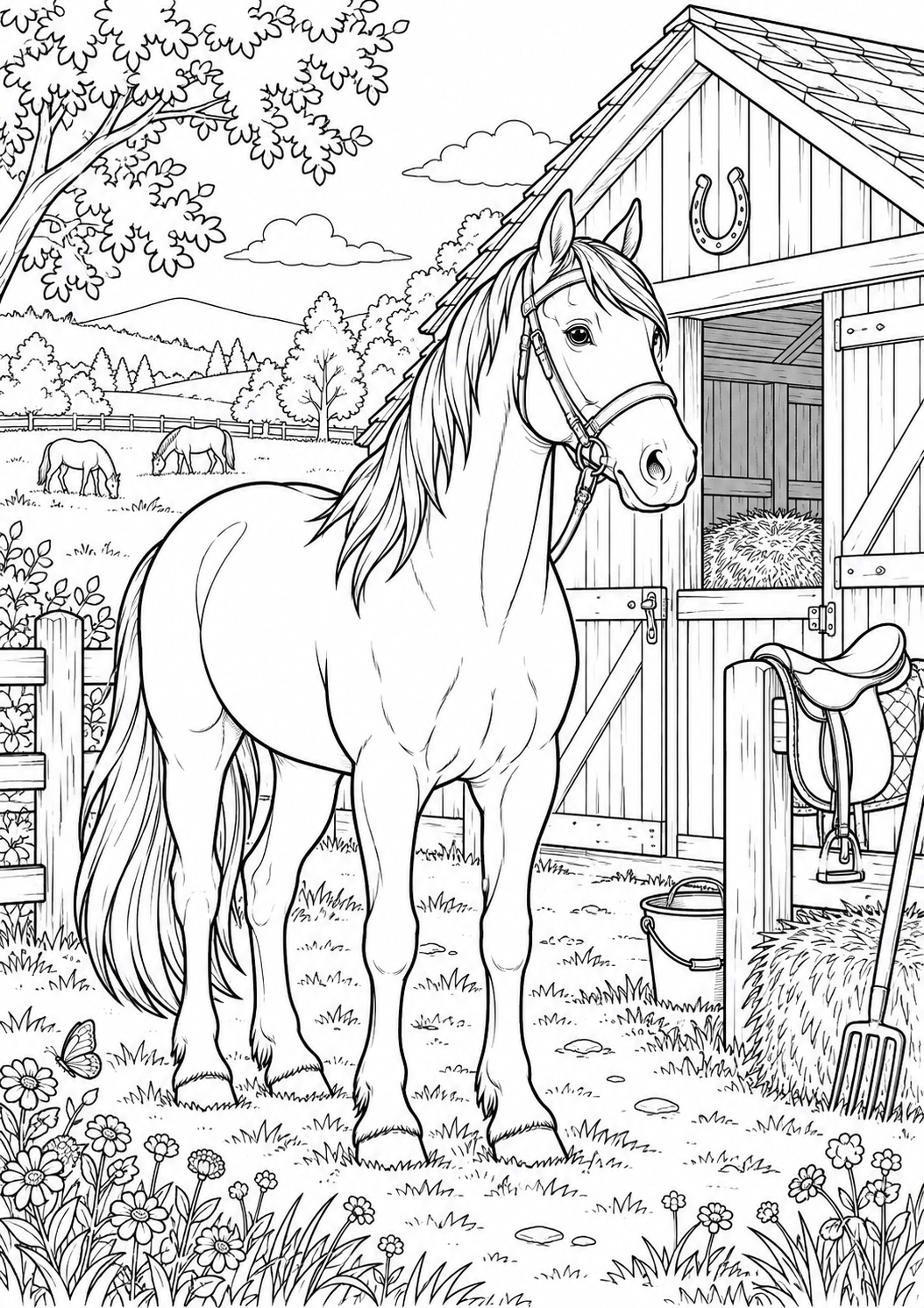 Cheval devant une écurie : coloriage original à imprimer