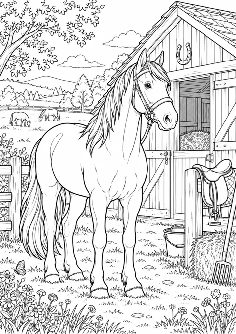 Cheval devant une écurie, dessin en noir et blanc à colorier