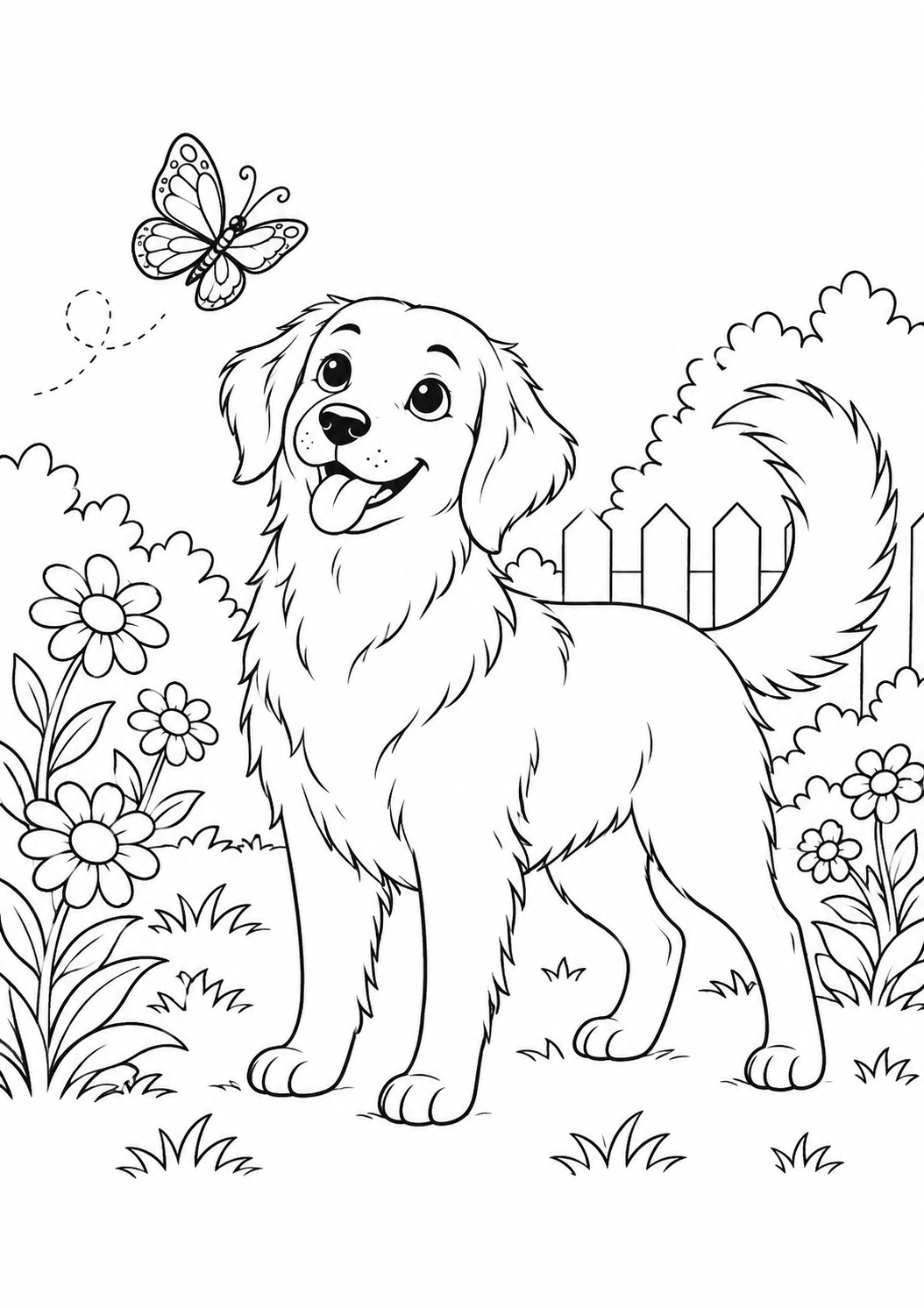 Chien au jardin : coloriage original à imprimer