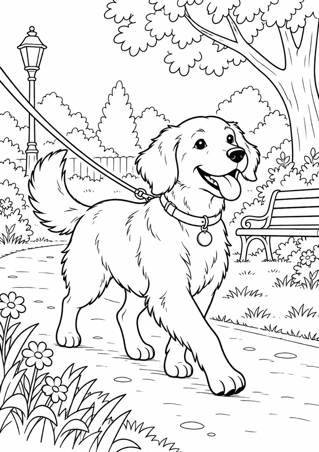 Chien en promenade au parc : coloriage original à imprimer