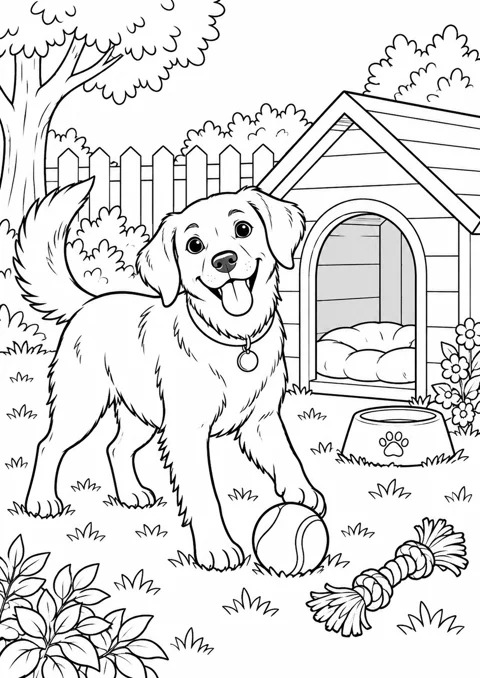 Chien près de sa niche, dessin en noir et blanc à colorier
