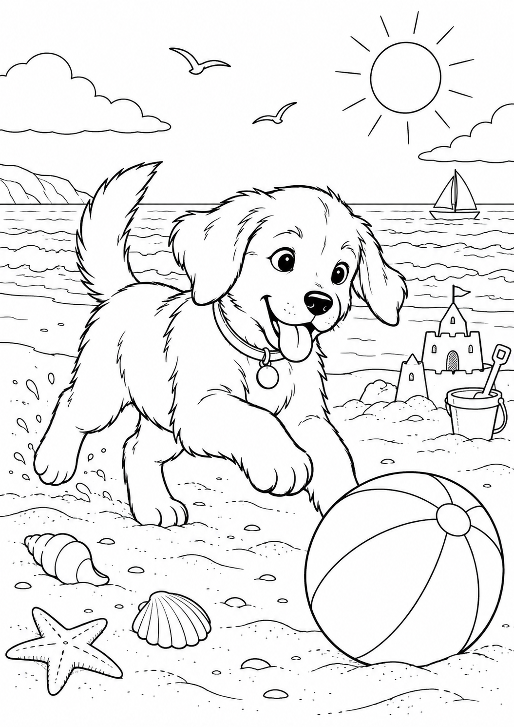 Chiot sur la plage : coloriage original à imprimer