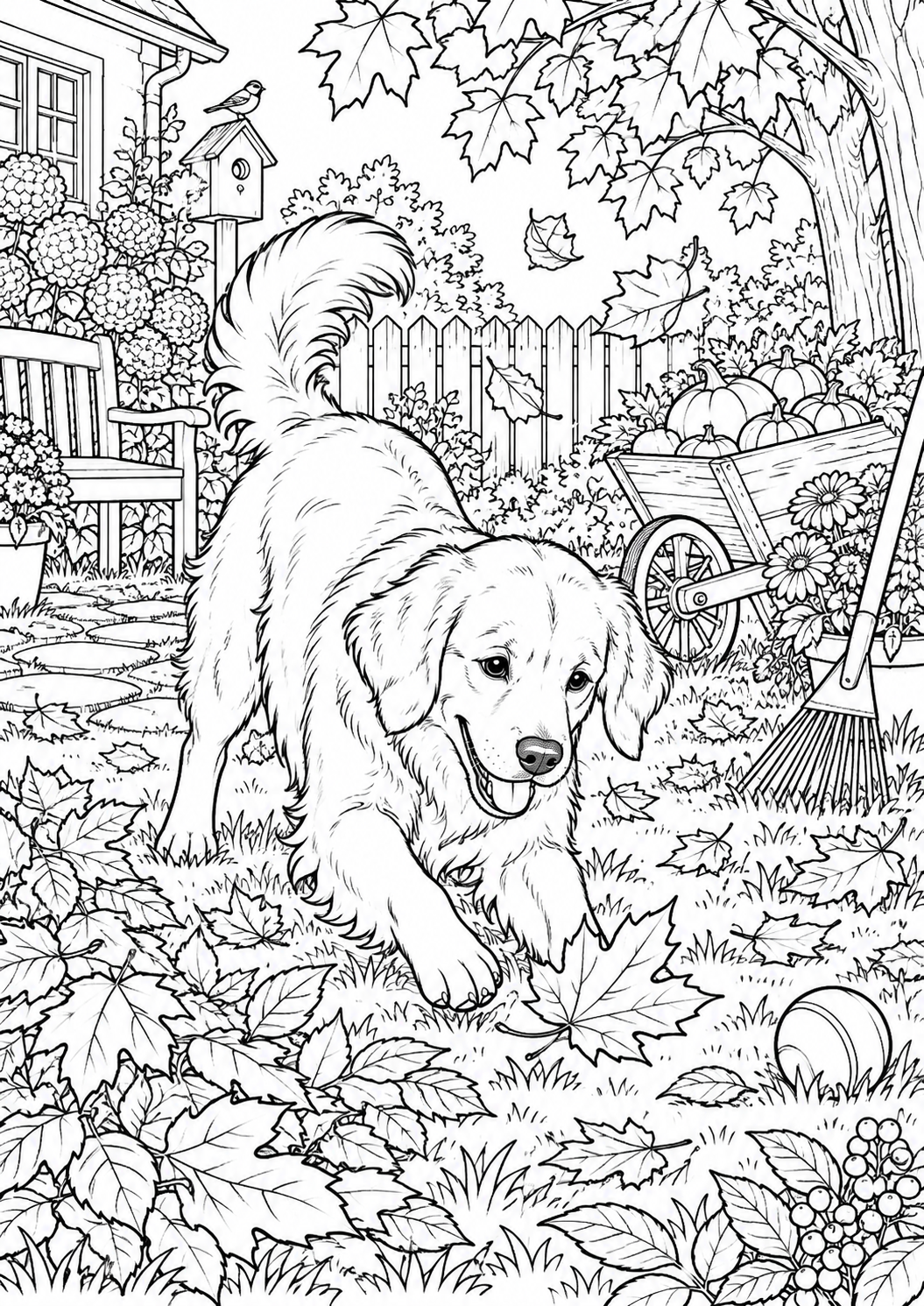 Chien et feuilles d’automne : coloriage original à imprimer