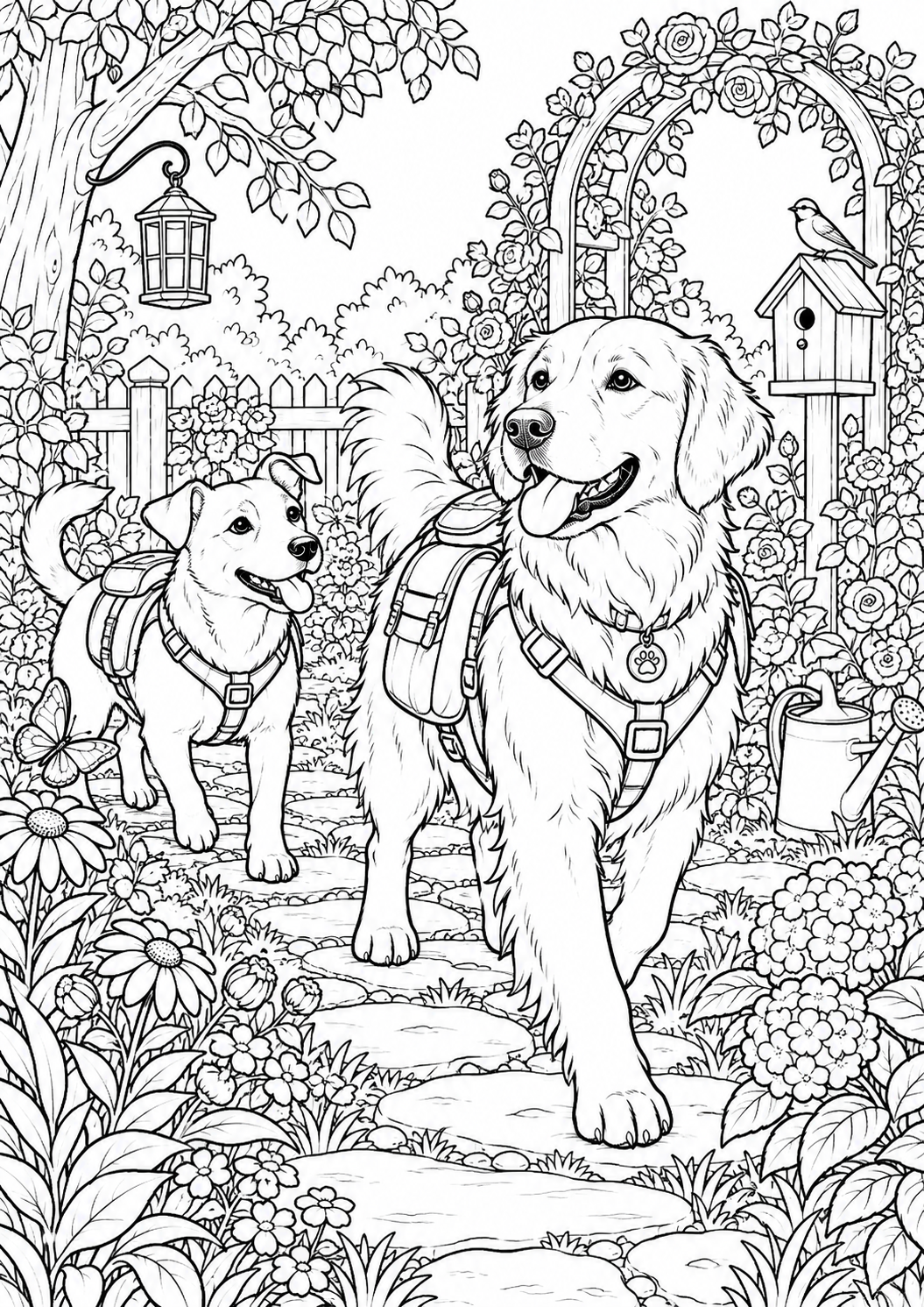 Deux chiens en randonnée : coloriage original à imprimer