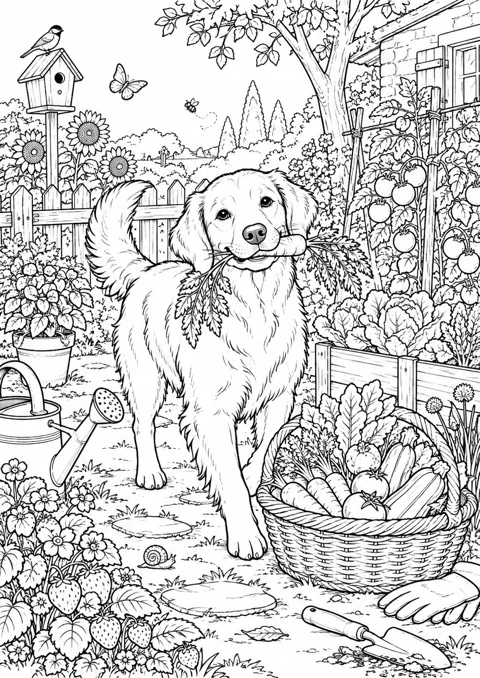 Chien dans un jardin potager, dessin en noir et blanc à colorier