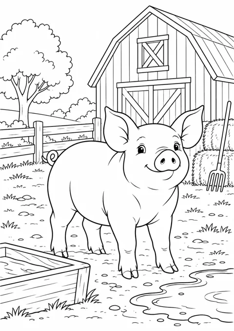 Cochon devant la grange, dessin en noir et blanc à colorier