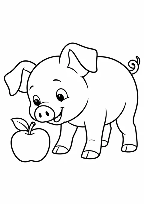 Cochon et pomme, dessin en noir et blanc à colorier