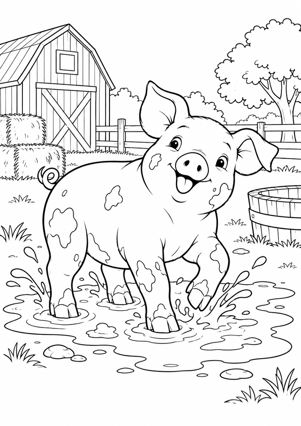 Cochon dans sa flaque : coloriage original à imprimer