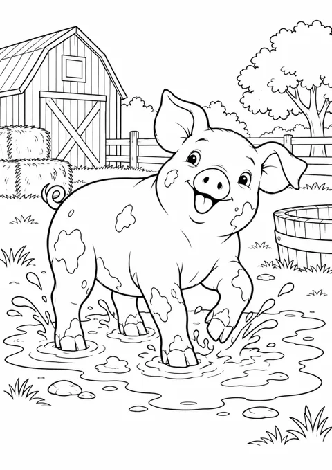 Cochon dans sa flaque, dessin en noir et blanc à colorier