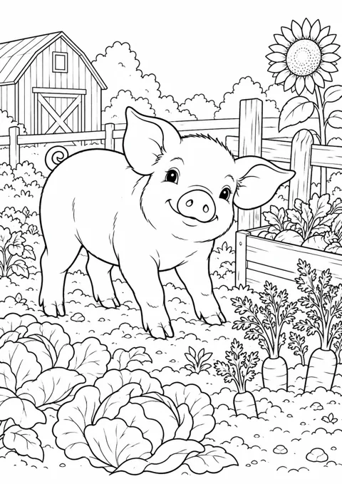 Porcelet au potager, dessin en noir et blanc à colorier