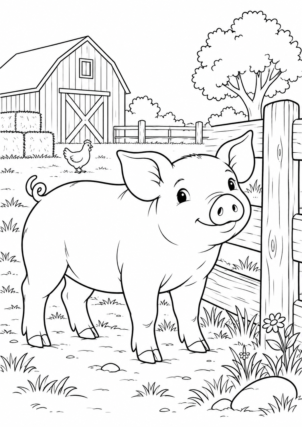 Cochon près de la barrière : coloriage original à imprimer