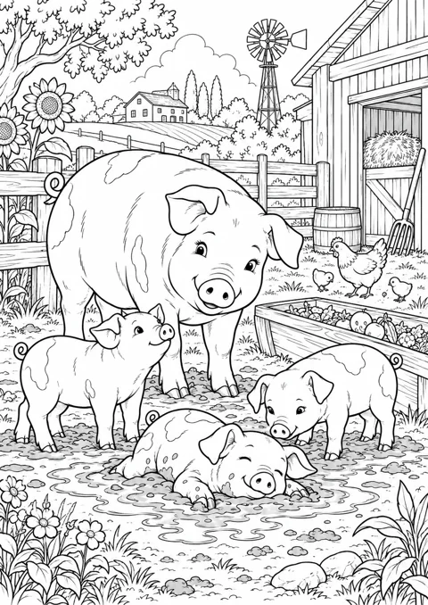 Famille de cochons à la ferme, dessin en noir et blanc à colorier