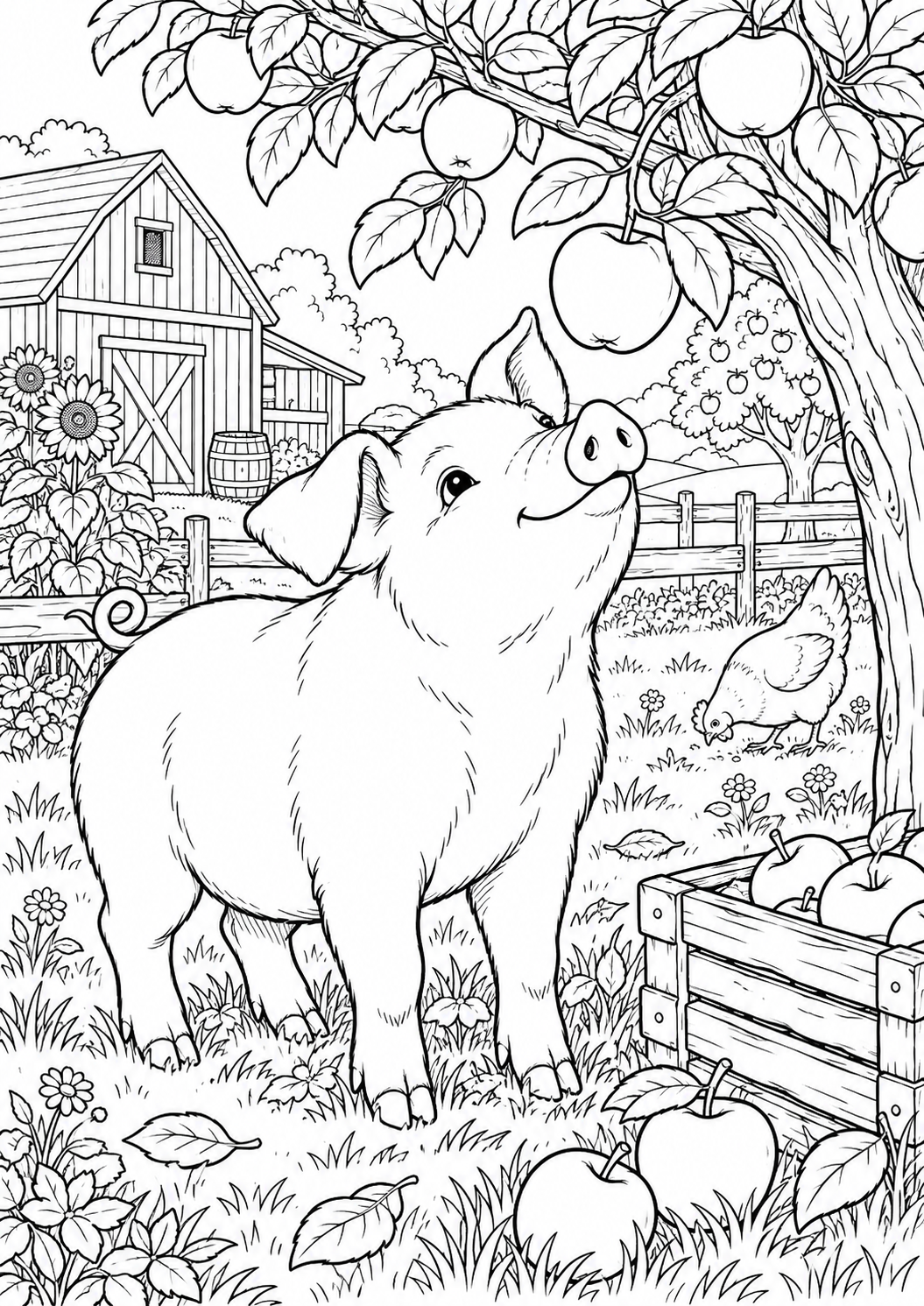 Cochon dans le verger : coloriage original à imprimer