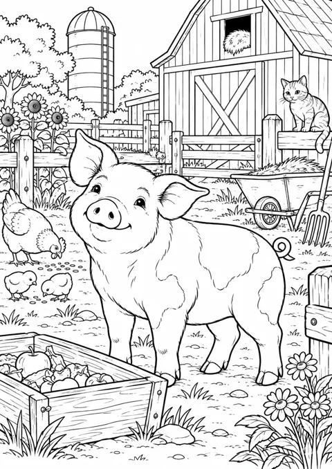 Cochon et cour de ferme, dessin en noir et blanc à colorier