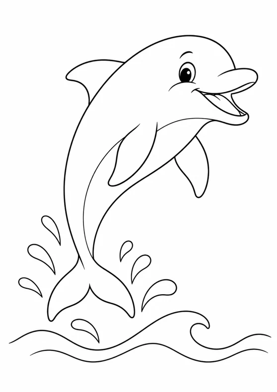 Dauphin au-dessus des vagues, dessin en noir et blanc à colorier